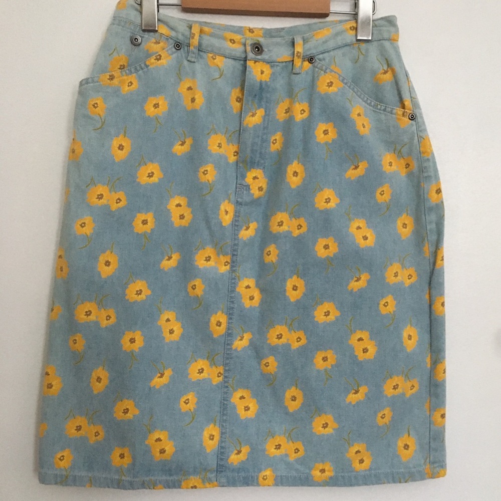 Vintage Denim Skirt with Painted Flowers